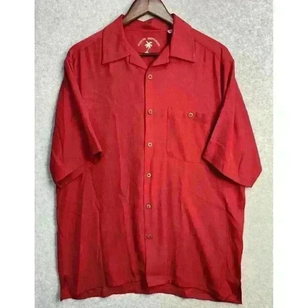 ISLAND REPUBLIC 100% SILK Red Short Sleeve HAWAIIAN Button Up Shirt Sz M EUC